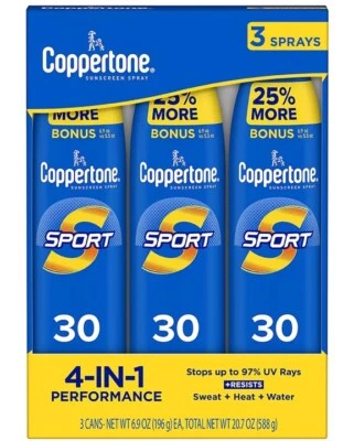 Coppertone Sport Broad-Spectrum SPF 30 Sunscreen Spray, 3 pack of 196g each - Image 1 of 3