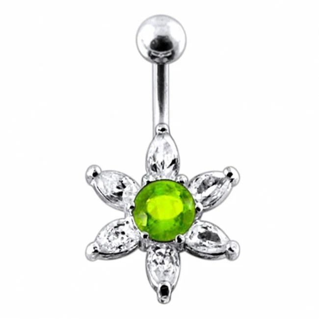 Sterling Silver Belly Bar Bright Green and Clear Crystal Flower Navel Ring - Image 1 of 1