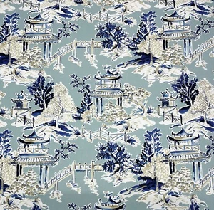 HAMILTON MING RAIN BLUE ASIAN TEMPLE TOILE MULTIUSE FABRIC BY THE YARD 54"W - Picture 1 of 7
