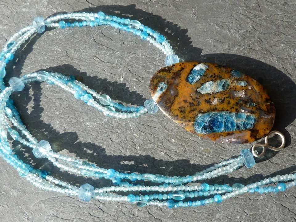 Collana Argento, Opale Blu (Legno Fossile) Africa,Apatite,Acquamarina,Topazio - Immagine 1 di 4