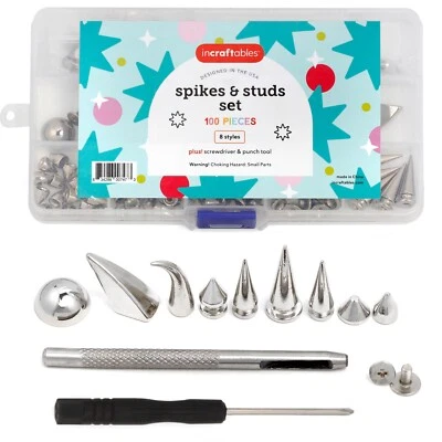 Набор серебряных заклепок и шипов Incraftables (100 шт.) для одежды и обуви с инструментами - Изображение 1 из 4