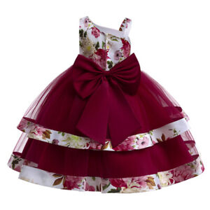 Flower Dress Lace Print Kids Tiered Princess Dress For Girls Bridesmaid Dresses