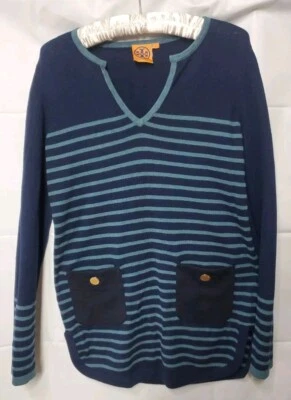 Suéter listrado Tory Burch azul lã cashmere botões de destaque dourado. Longo tamanho P - Imagem 1 de 4