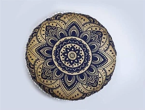 32" Round Cotton Floor Pillow Cushion Cover Blue Gold Mandala Cushion Home Decor - Picture 1 of 2