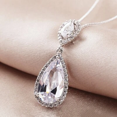 18K White Gold Filled Cubic Zirconia Outstanding Slim Water Drop Necklace Foto 1 de 4