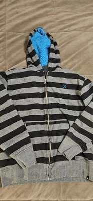 Hurley Sherpa Lined Zip Up Hoodie Boy Gray Black Striped Size L 14/16 - Image 1 of 4