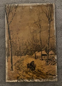 Landschaftsgemälde 19. Jahrhundert Öl auf Holz reisende Männer 13,5 "x 9" Original - Bild 1 von 14