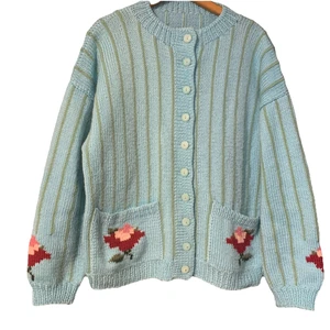 Vtg Handmade Knitted HandKnit Cardigan Sweater XL Blue Floral Cottagecore - Picture 1 of 8