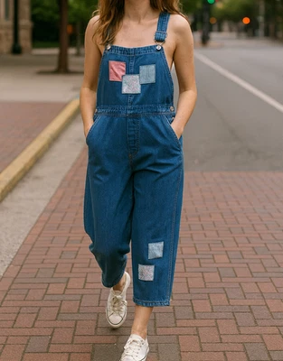 Mountain Lake Overalls Womens Medium Blue Jeans Cropped Capri Bib Patchwork Boho Foto 1 de 4