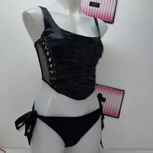 🔥Victoria's Secret 2 pc Set black Bra Corset M panty L New - Picture 1 of 13