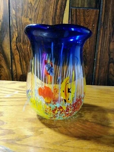 Hand Blown Fish Aquarium Vase Confetti Cobalt Blue Rim Repo - Picture 1 of 6