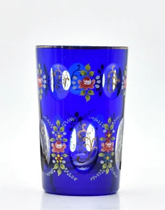 Verre cristal overlay bleu décor floral cristal Bohème ? overlay crystal glass - Picture 1 of 6
