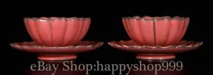5.4" Old Chinese Ru Kiln Red Glaze Porcelain Lotus Flower Tea Cup Plate Set Pair - Picture 1 of 9