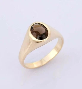 Handmade Natural Smoky Quartz Ring With 14k Yellow Gold Ring For Men's Gift - Picture 1 of 4