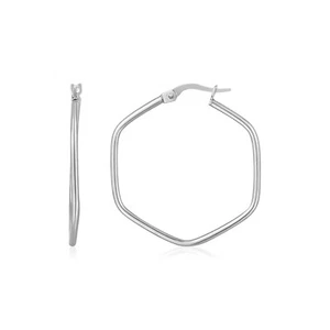 14K White Gold Hexagon Hoop Rounded Edge Earrings - Picture 1 of 1
