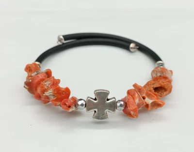 bracciale vero corallo rosso regolabile argento bianco caucciù naturale - Immagine 1 di 4
