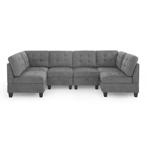 Chenille Upholstered Sofa Sectional Sofa Couch W/ 4 Single +2 Corner Sofa Grey - Picture 1 of 9