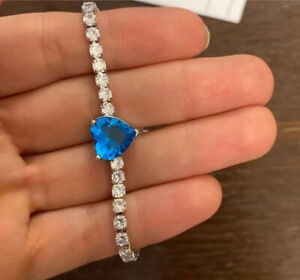 Dainty Blue Heart 5A Cubic Zirconia Diamanté Adjustable  Silver 925 Bracelet