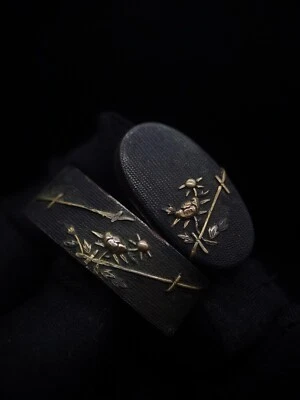 Cerca japonesa e peônia Fuchi e Kashira para período Wakzashi Edo antigo B073 - Imagem 1 de 4