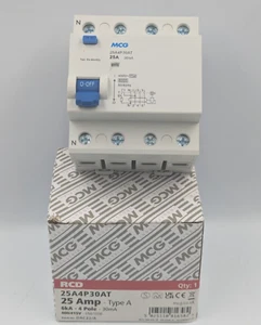MCG RCD 3 Phase 25 AMP 4 Pole 30mA, Type A 4 POLE 400-415V AC - 25A4P30AT - Picture 1 of 5