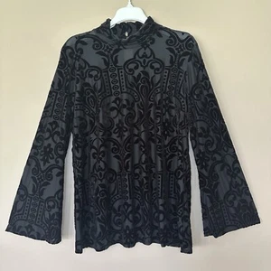 Black Velvet Burnout Bell Sleeve Top Women XL Sheer Mock Neck Whimsigoth Art Nou - Picture 1 of 9