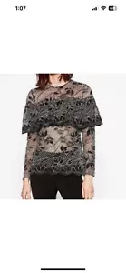 Zara Blouse Top Lace Ruffle Long Sleeve Size Medium Black White Floral Passover - Picture 1 of 11