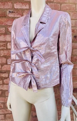 Romeo Gigli Vintage 90s Iridescent Pink Silk Bow Blazer Jacket Runway SZ IT 42 S - Image 1 of 4