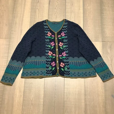 Gudrun Sjoden Edda кардиган свитер женщин размер 2XL синий цветочный кнопка органический - Изображение 1 из 4