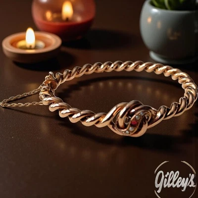 Vtg/Antique One Of A Kind 14k Rose/Yellow Gold Ruby And Pearls Twist Bangle 6in - Image 1 of 4