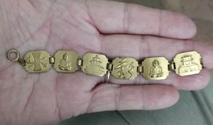 Antique Bronze & Gold Wash Panel Bracelet  6" -7" Asian Symbols With Extra Panel - Picture 1 of 10