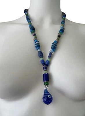 Murano Glass EVIL EYE Bead Pendant  Necklace Royal Blue Green Statement 15” 30” - Image 1 of 4