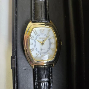 Gossip Ladies Quartz Gold Tone Watch, Black Genuine Leather Strap, GSP545A, New - Picture 1 of 9
