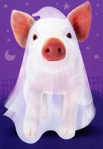 Funny HAPPY HALLOWEEN Card, Ghost Pig in a Sheet by Hallmark + Envelope - Picture 1 of 5
