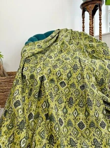 Indian Green Floral Print Kantha Quilt Twin Cotton Blanket Vintage Bedspread US - Picture 1 of 4
