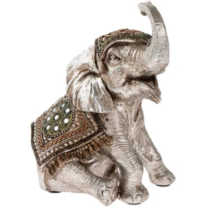Silver Bronzed Sitting Elephant Figurine Ornament Statue Green Brown Gems Gift - Picture 1 of 3