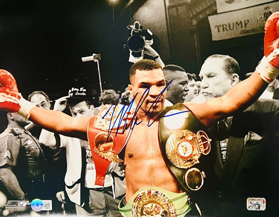 Mike Tyson Autographed 11x14 Photo Champ Title Belts Signed Beckett BAS - Image 1 of 1
