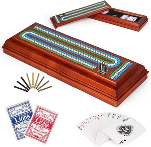 Wooden Cribbage Board Game Set with Large Storage Area, Solid Wood 3 Track Cribb - Picture 1 of 12
