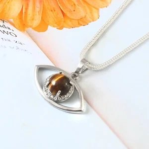 Plata de Ley Precioso Redondo Ojo Tigre Piedra Colgante Con 43.2cm Cadena - Imagen 1 de 6