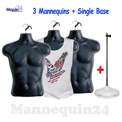 3 PCS BLACK MANNEQUINS MALE TORSOS + 1 STAND ; MEN CLOTHING DRESS FORMS - Image 1 of 4
