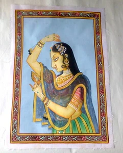 Hermosa reina mogol ranee/rani 14" seda pintada a mano India vintage años 50 - Imagen 1 de 6