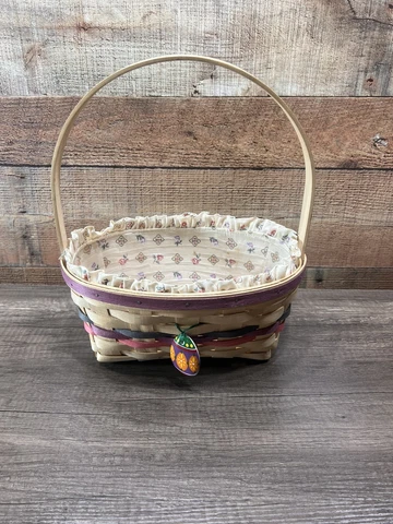 Vintage Longaberger Stained Easter Basket 1992 Floral Liner & Protector Cover