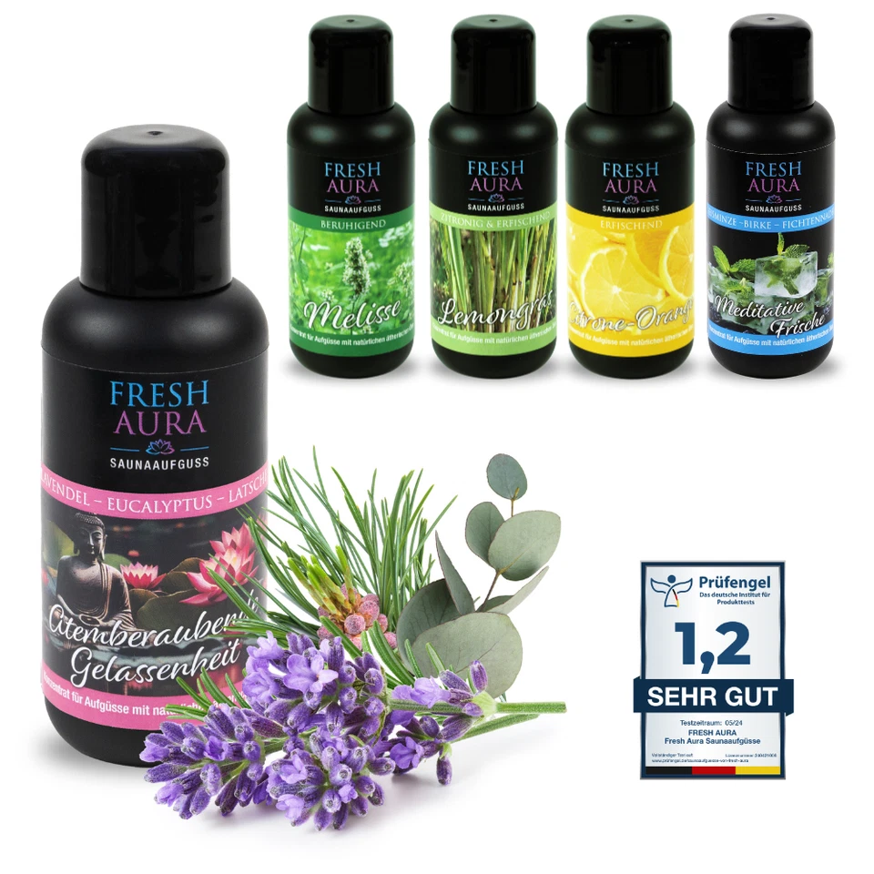 FRESH AURA® Premium Saunaaufguss mit NATÜRLICHE ÄTHERISCHE ÖLE - Made in Germany