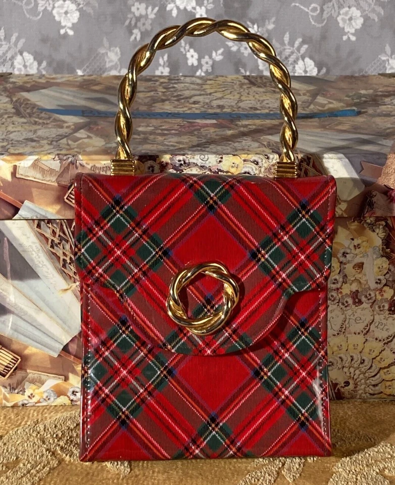 Mini bolso de mano vintage años 90 rojo verde a cuadros asa superior despistada cartera retro Foto 1 de 4