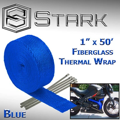 1" x 50' Ft Motorcycle Header Exhaust Heat Wrap Fiberglass Manifold - Blue (D) - Image 1 of 2