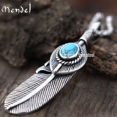 MENDEL Mens Native American Feather Turquoise Pendant Necklace Men Women Silver - Image 1 of 4