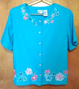 KORET Button Top M Vintage Turquoise Blue Embroidered Linen Blend Shoulder Pads - Picture 1 of 5