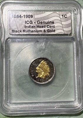 BLACK RUTHENIUM ICG Genuine Indian Head Cent Penny 1c Full Head Coin 24K Gold - Image 1 of 4