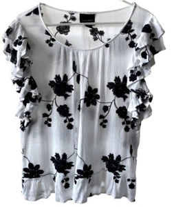 Liv Los Angeles Blouse Womens Medium White Black Floral Boho Embroidered Ruffle - Picture 1 of 11