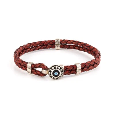 Evil Eye Leather Bracelet Sterling Silver, Handmade Men's Bracelet, Greek Jewels — 第 1/4 张图片