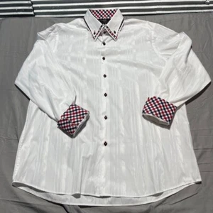 COOGI Vintage Shirt Mens 2XL White Striped Checked Flip Cuff Button Down Collar - Picture 1 of 9